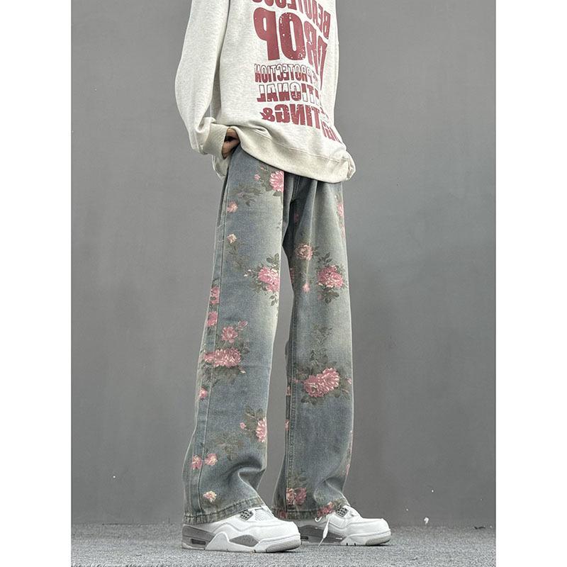 

JYL Unisex Flower Jeans Vintage Lazy Vibe Loose Straight Floor-Length Denim XXXL безодня