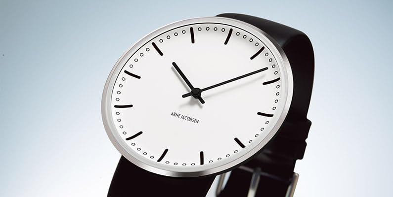 ARNE JACOBSEN CITYHALL 53201-1601 Watch, 34mm, Scandinavian Design, Water Resistant (Quiet Design with No Second Hand), White with Black Leather Strap