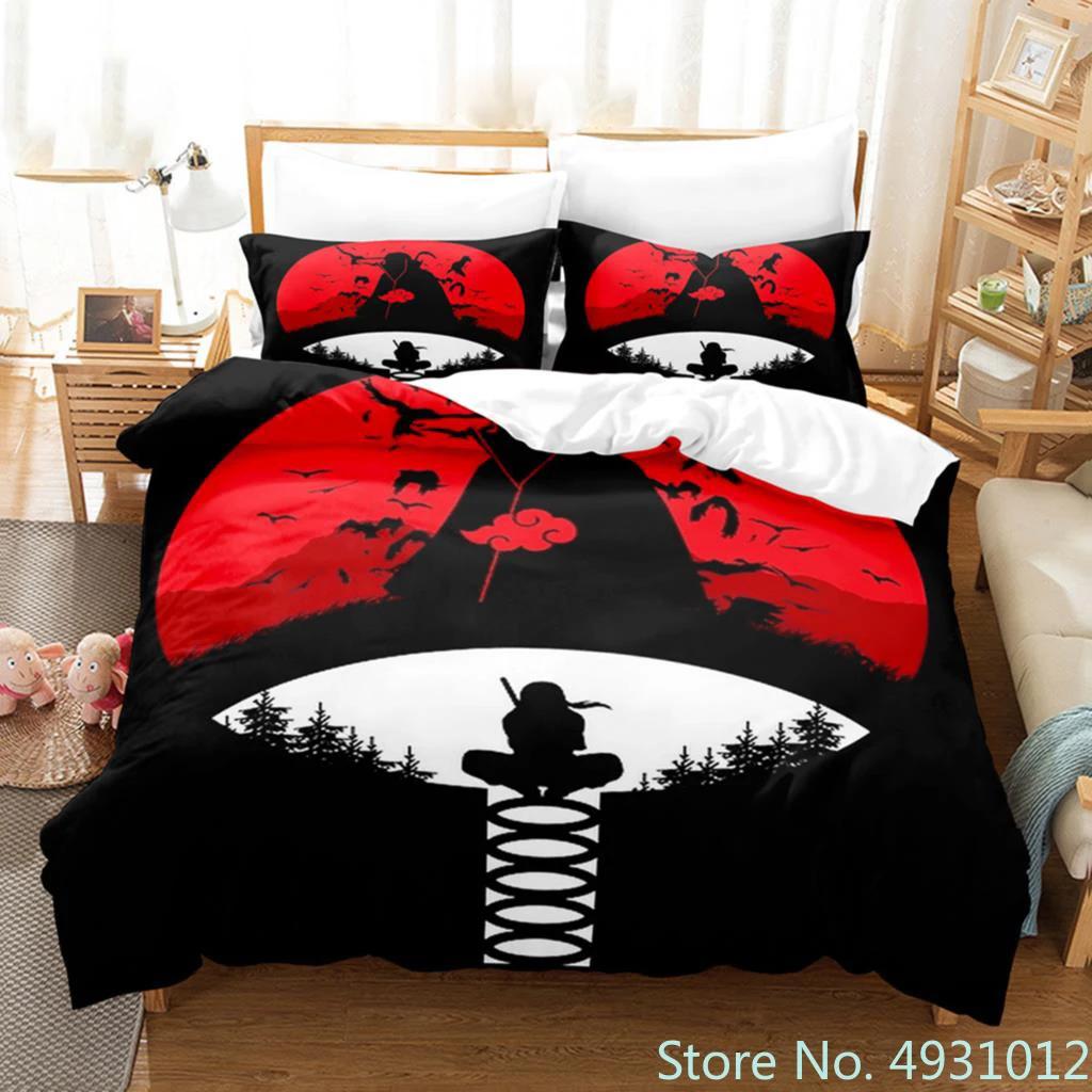 Anime Uchiha N-Naruto Uzumaki Red Cloud Bedding Sets Household Quilt Duvet Cover Itachi Home Textile Bed Suit Children Kids Gift