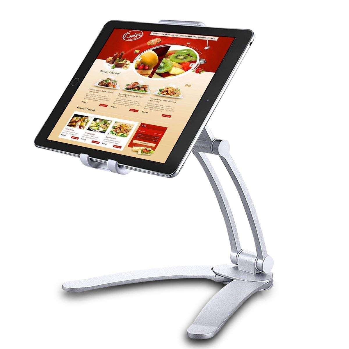 

2-in-1 Desktop/Wall Mount Adjustable Tablet Holder Aluminum Kitchen Tablet Stand Bracket for iPad 2018/iPad Pro/iPad Mini Silver