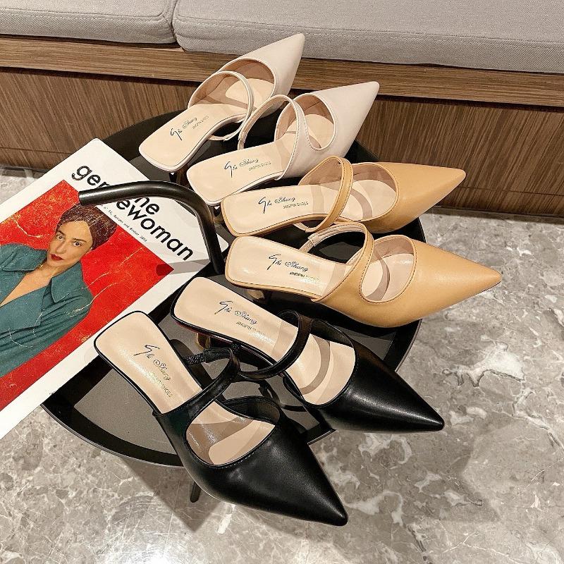 Mid-spring high heels pointed head lazy bag head half tray new ol comfortable thick heel cool slippers women's heel