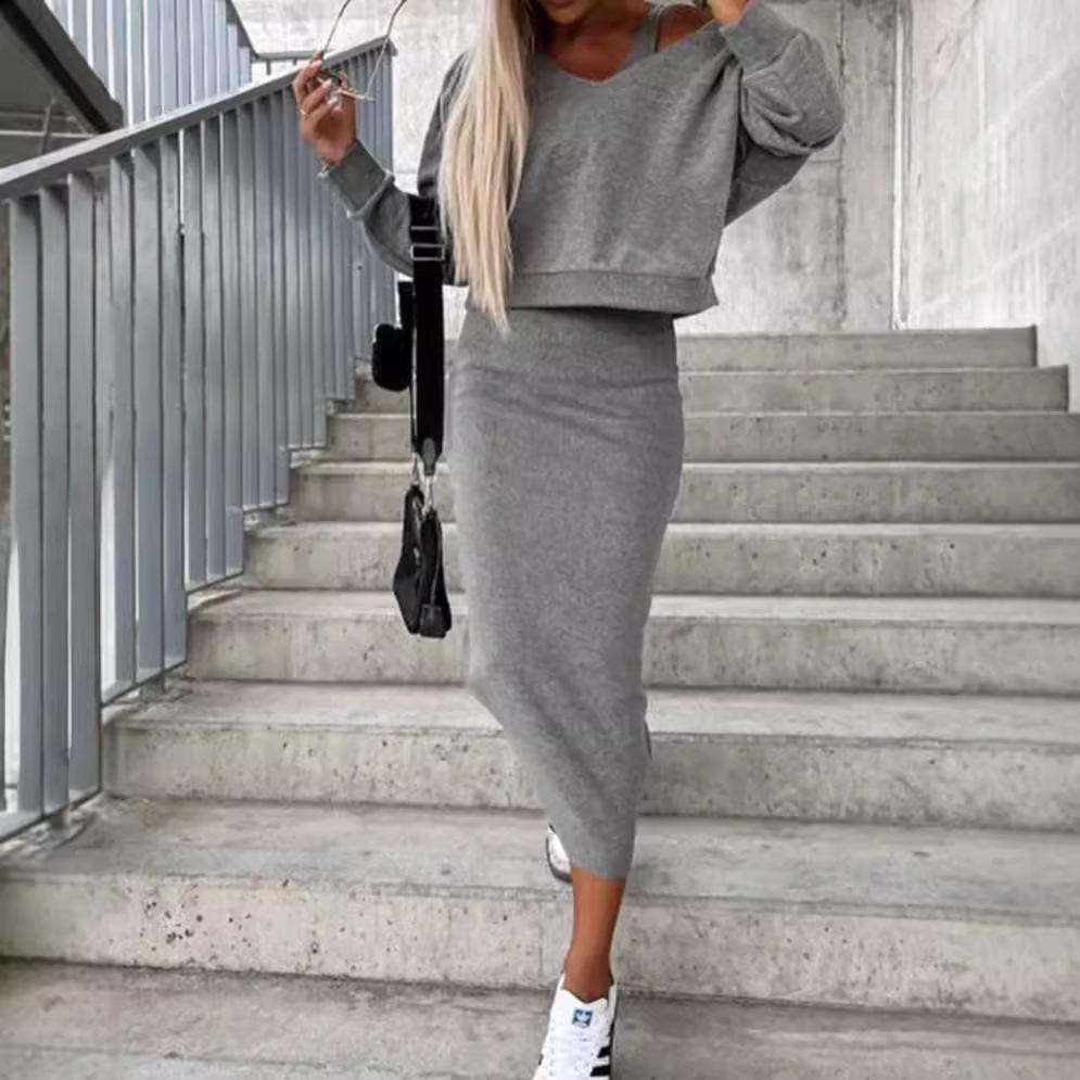 2023 New Autumn/Winter Two-Piece Vest Dress & V-Neck Sweatshirt Knitted Women's Set