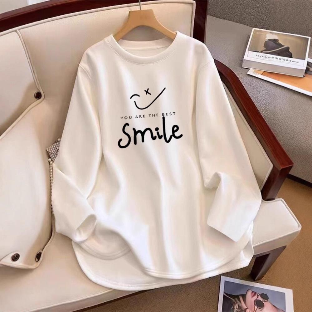 Women's Round Neck Long Sleeve T Shirt Loose Fit Letter Print Mid Length Dralon Base Layer Top Plus Size Korean Casual Inner Wear