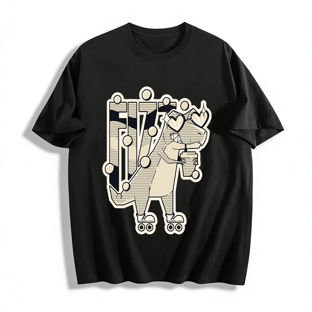 FIZZ Love Heart Sunglasses Dinosaur Roller Skate Coffee Print T-shirt Unisex Casual Top Pure cotton T-shirt XXS