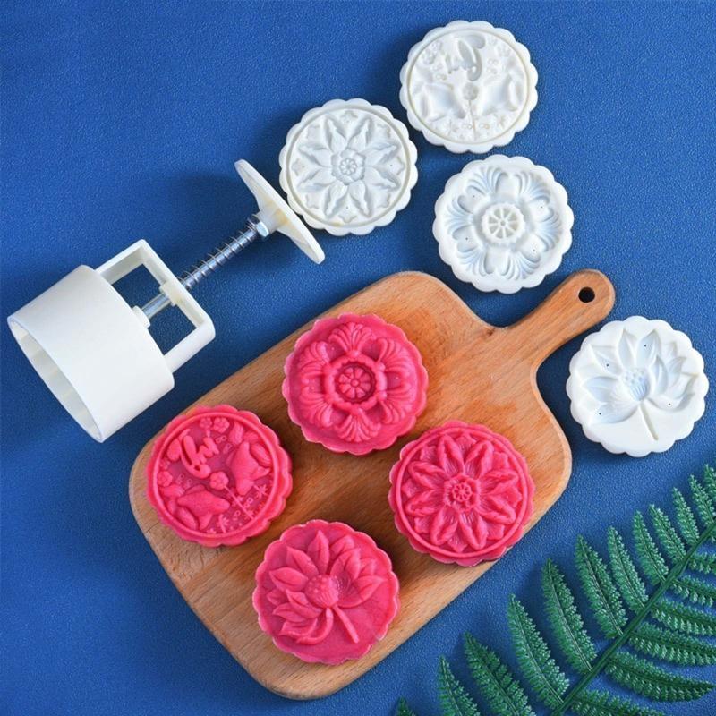 100/125g Mooncake Barrel Mold with 4pcs Stamps Hand Press Moon Cake Pastry Mould DIY Bakeware Mid-autumn Festival