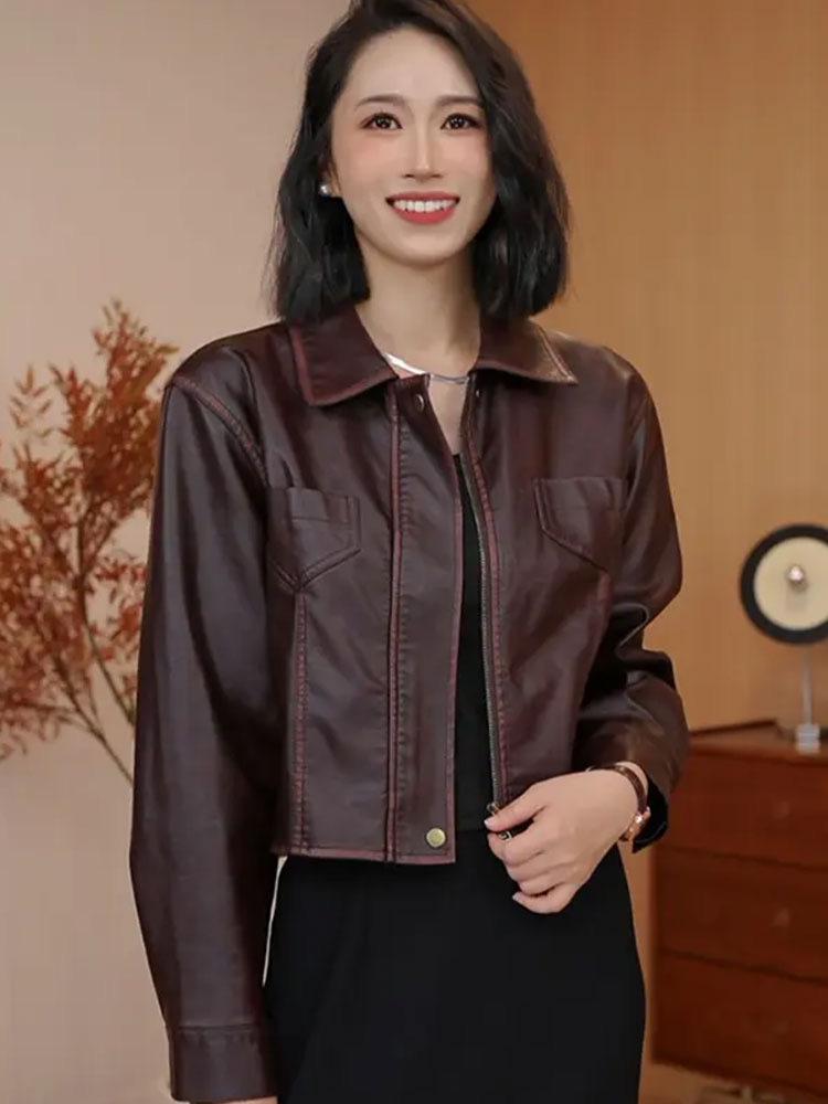 

Женская маленькая мотоциклетная куртка из искусственной кожи в стиле ретро - Мода Весна/Осень 2025, отложной воротник, свободный крой. Medium вино красного