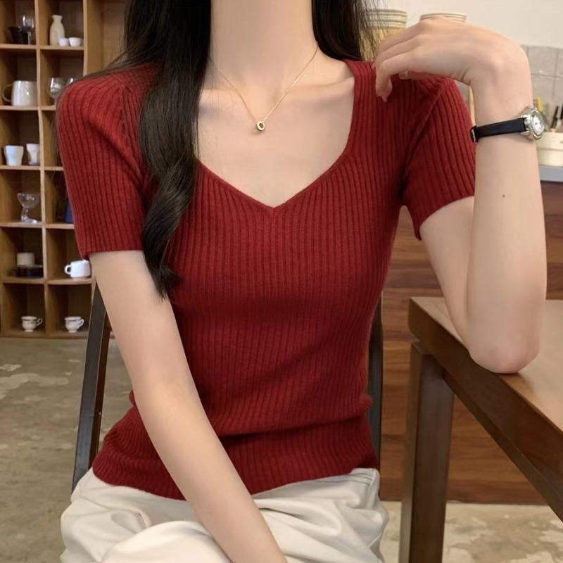 Basic V-neck Solid Thin Summer Pullover Women Female Knitted Ribbed Sweater Slim Short Sleeve Bodycon Sweater