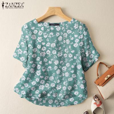 Camicetta a mezza manica con stampa floreale o scollo casual da donna