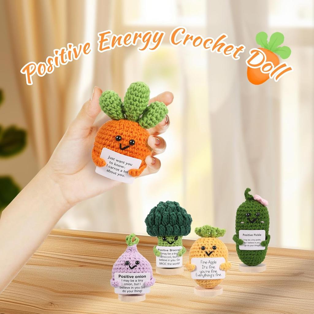 5PCS Emotional Support Crochet Doll with Base, Positive Crochet Vegetables Fruits with Positive Card Handmade Knitted Dolls Plush Cheer Up for