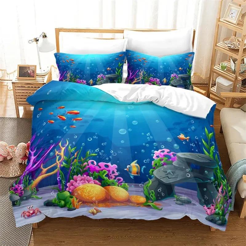 Kids Cartoon Ocean Fish Duvet Cover Microfiber Marine Theme Bedding Set Sea Underwater World Quilt Cover Queen For Boys Girls