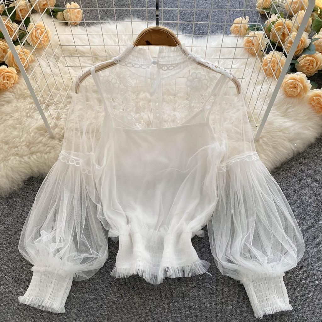 Women's Summer Lace Mesh Puff Long Sleeve Blouse Vintage Blouses Elegant Korean Tops Shirts Clothing