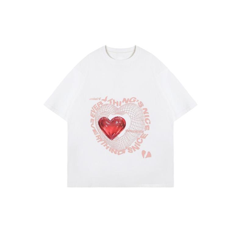 Oversize Women's Short-Sleeve T-Shirt with 3D Red Heart, Grid Pattern and "EVERYTHING'S NICE" Text Print