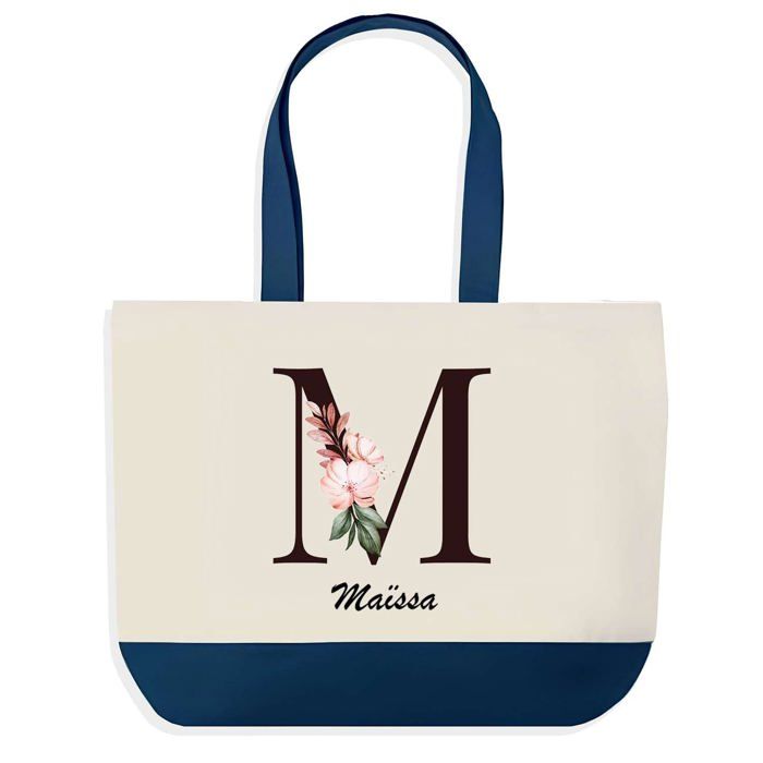 Sac shopping - PLANETEE - Maïssa - Motif Lettre Fleur - Coton 40x45 cm - Fond bleu grand format
