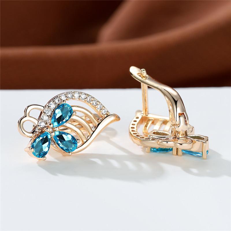 Aqua Blue Zircon Flower Crystal Green Red Stone Hoop Earrings Rose Gold Color Wedding Bridal Jewelry For Women