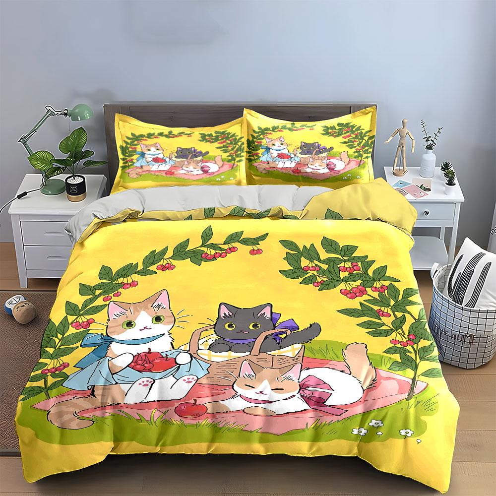 Cute Cats Picnic with Fruits Bedding Duvet Cover Set Duvet Cover Pillowcases (1*Duvet Cover 2*Pillowcases, Without Duvet Insert)