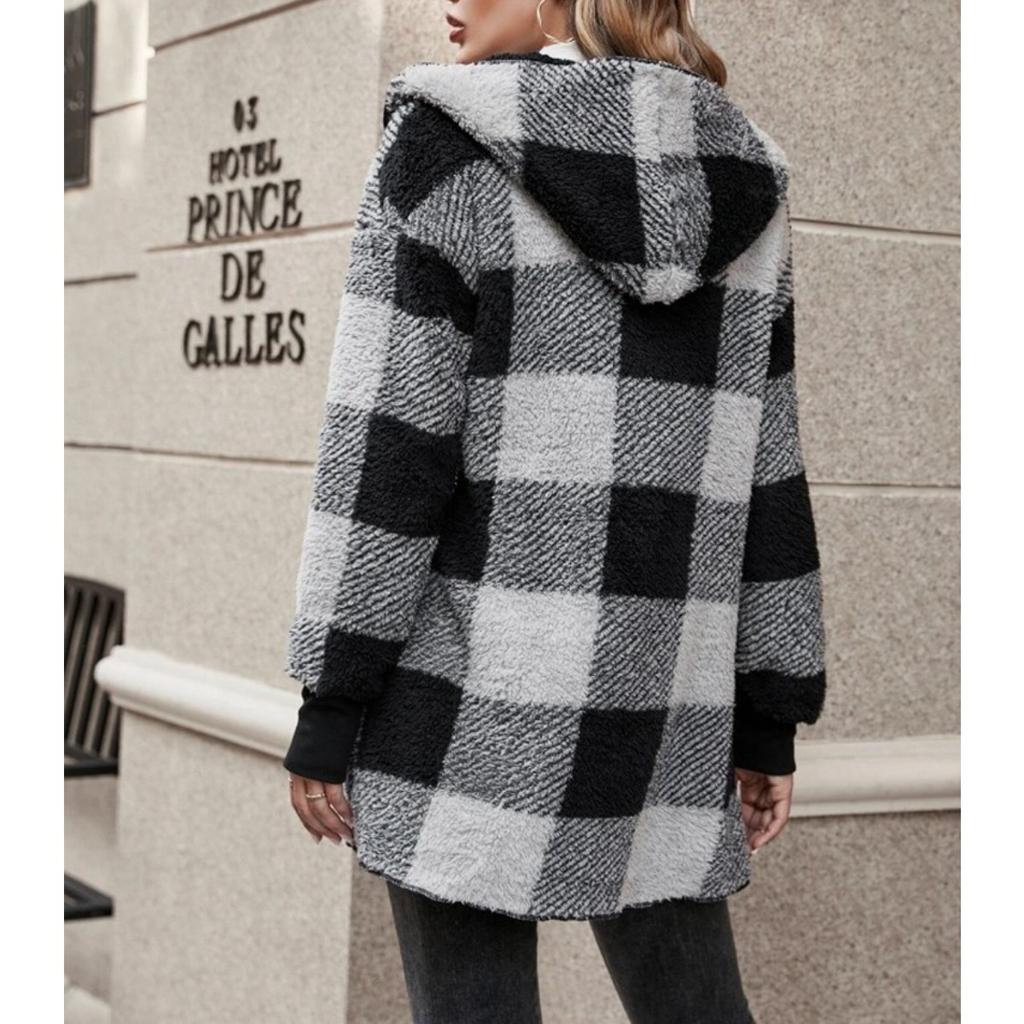 Women's Autumn and Winter Hooded Plaid Warm Top, Mid To Long Plush Cardigan Jacket