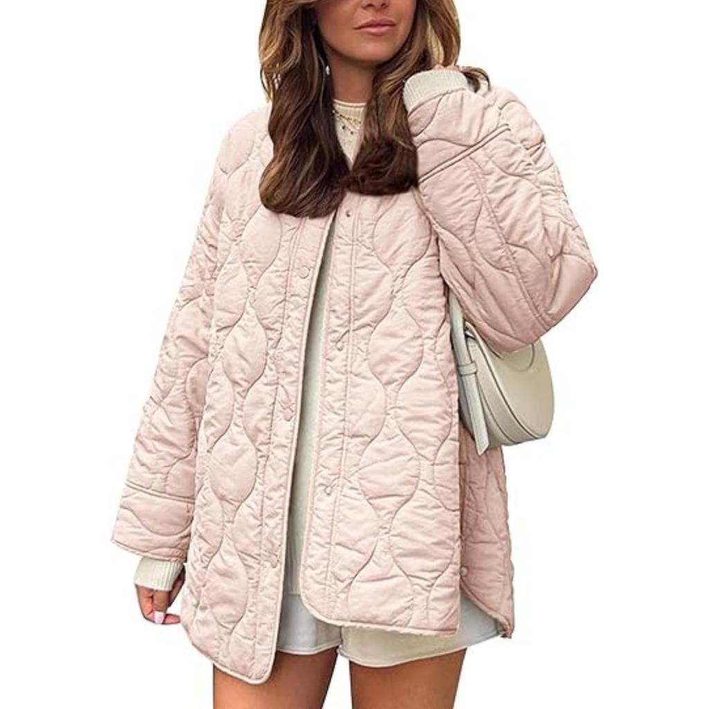 Otoño Invierno Nuevo Abrigo de Algodón Acolchado de Color Sólido con Cuello Redondo Holgado para Mujer, Ropa de Abrigo Casual Estilo Europeo Americano para Mujer