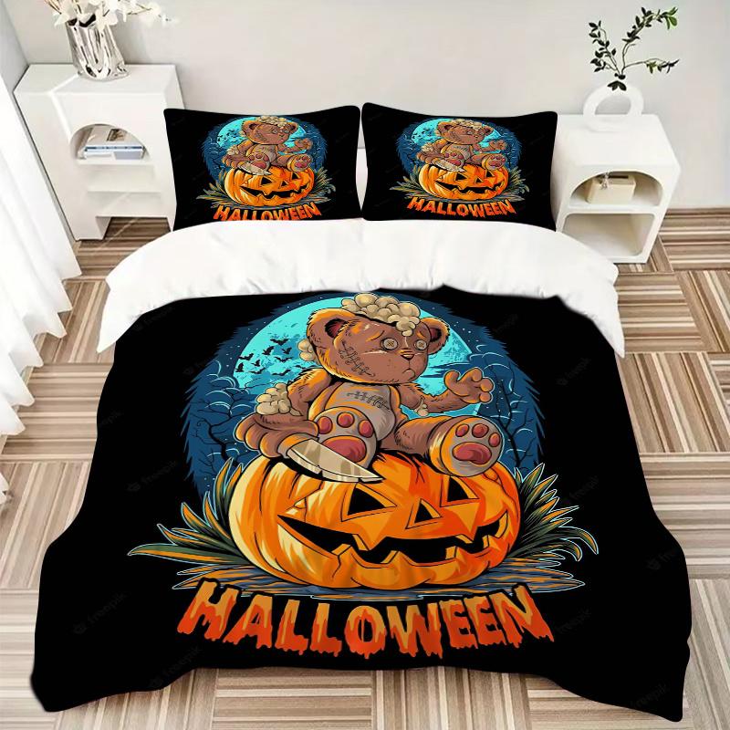 3pcs Scary Bear Pumpkin Halloween Bedding Set - Includes Quilt Cover and Pillowcases, Suitable for All Seasons, Machine Washable - Ideal Gif
