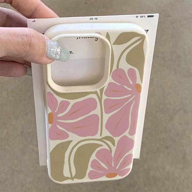 Cute Pink Flowers Pattern Lychee Texture Phone Case For iPhone 17 Air 16 E 15 14 13 12 11 Pro Max Plus SE 2020 2022 Soft Cover