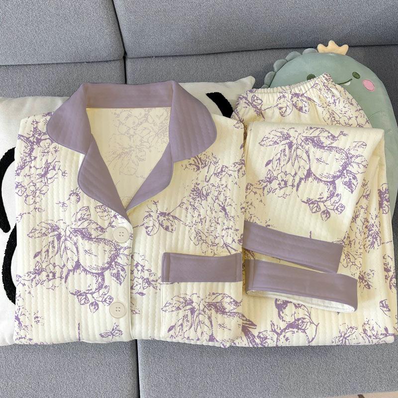 Middle-aged mother's new pajamas for women's autumn and winter air cotton interlayer thickened warm loungewear set