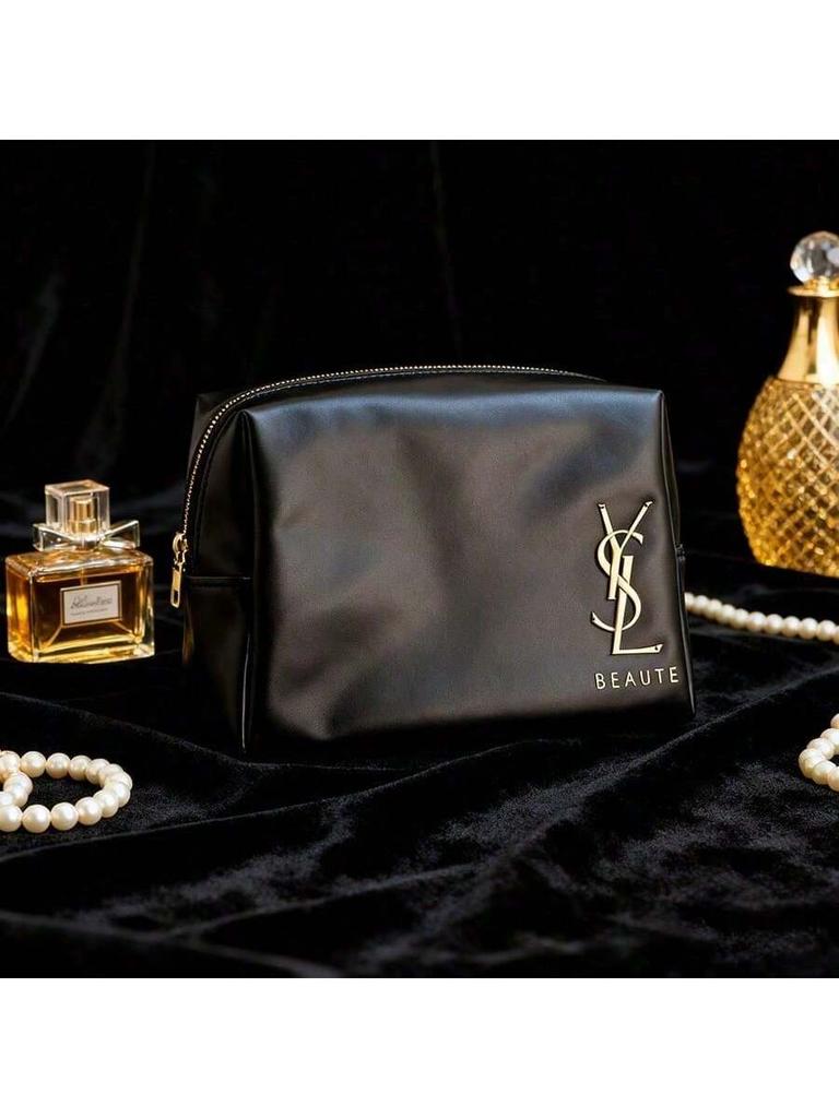 YSL - Black patent leather cosmetic bag with gold logo and zipper closure