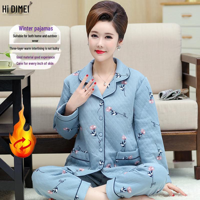 Women's Thick Warm Knitted Cotton Pajamas for Autumn/Winter - Middle-Aged & Elderly Sleepwear, Versatile Home & Outdoor Wear