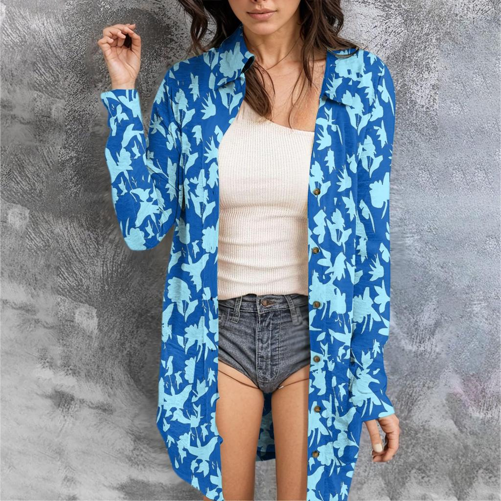 Women's Casual Fashion Floral Print Long Sleeve Mid-Length Cardigan Jacket