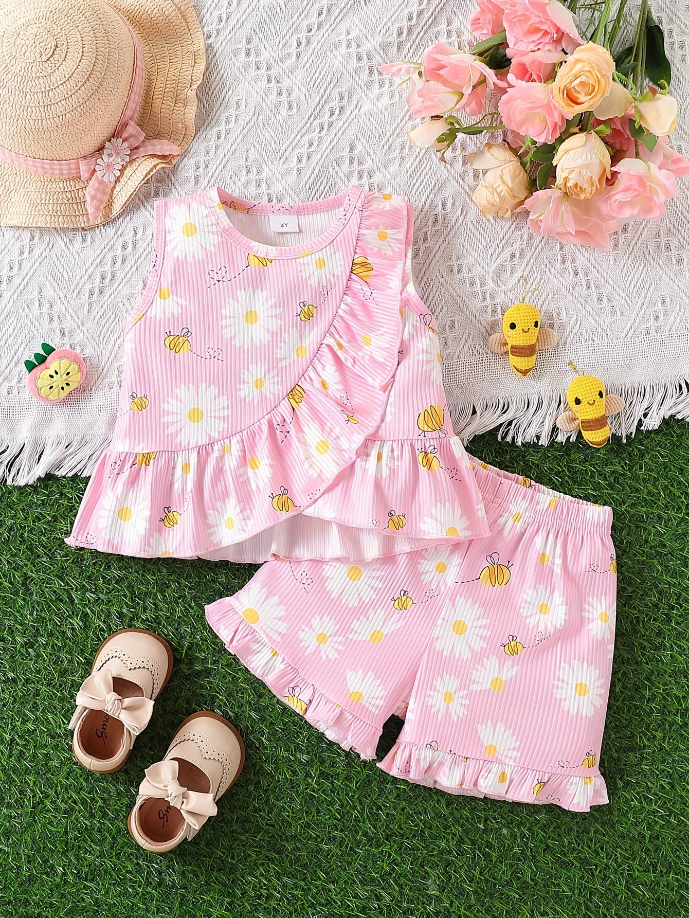 Girls Summer Clothes 2 Piece Set Daisy Print Sleeveless Top and Ruffled Shorts for 4 7 Years 4Y