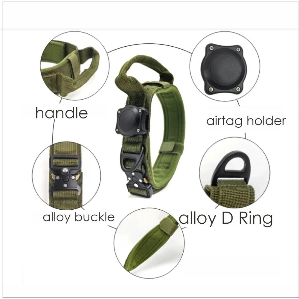 Adjustable Dog Collar with Handle for AirTag Large Medium Dogs Heavy Duty Metal Buckle Military Style Pet Collar