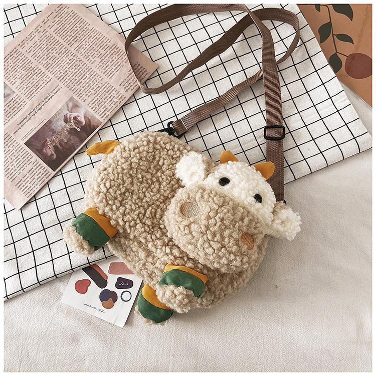Lovely Cartoon Cow Shape Plush Messenger Bag Kid Designer Bag Cattle Crossbody Bags Small Handbags Coin Bag Purse Women'S Bag