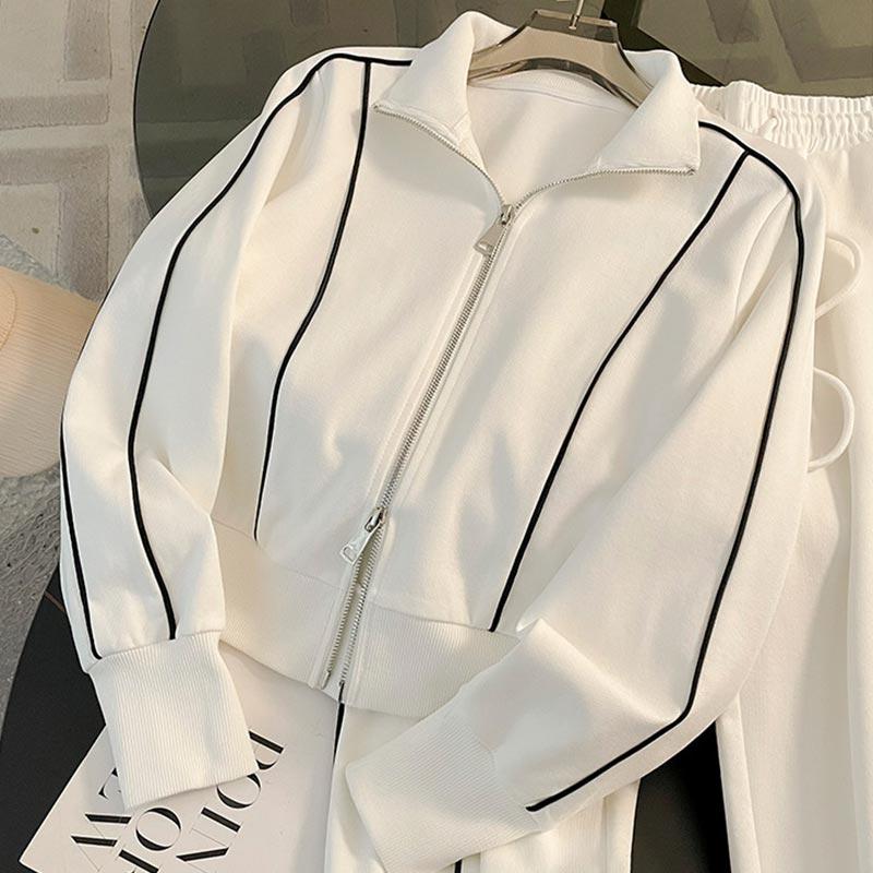 Sudadera Corta Casual a Rayas Traje Deportivo Mujer Otoño Sudadera con Cremallera Suelta Cordón Elástico Pantalones de Pierna Ancha Conjunto de Dos Piezas