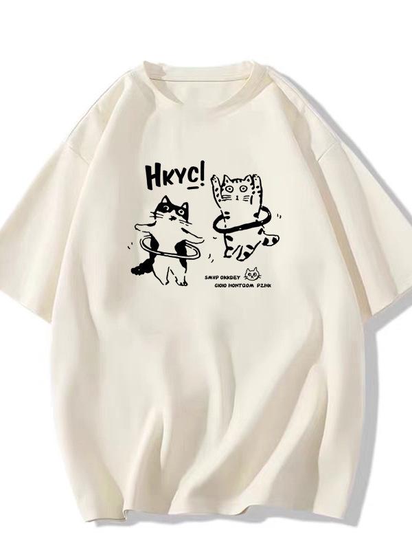 Damski bawełniany T-shirt z krótkim rękawem w retro wzór z kotkiem, kolekcja lato 2025