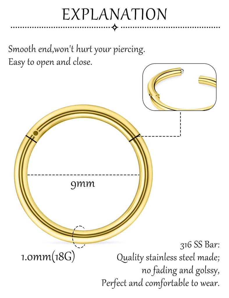 18G 316L Surgical Steel Nose Ring Hoop, Cartilage Hoop Earrings for Women Men Piercing Jewelry 6mm/8mm/10mm/12mm