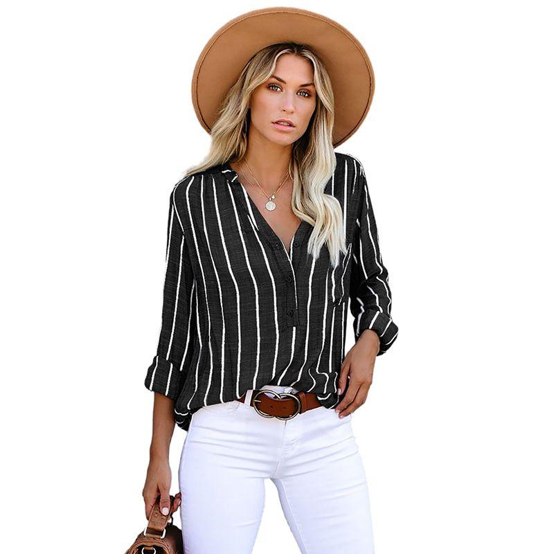 

American Shiying Spring New Stripe V-neck Pullover Shirts Women 2025 Versitile Fashion Loose Shirt Women Black S code fits (45.00 kg-55.00 kg