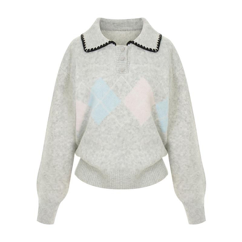 SELLY'S Color Block Diamond Pattern Collared Knit_I6D-Ckn014