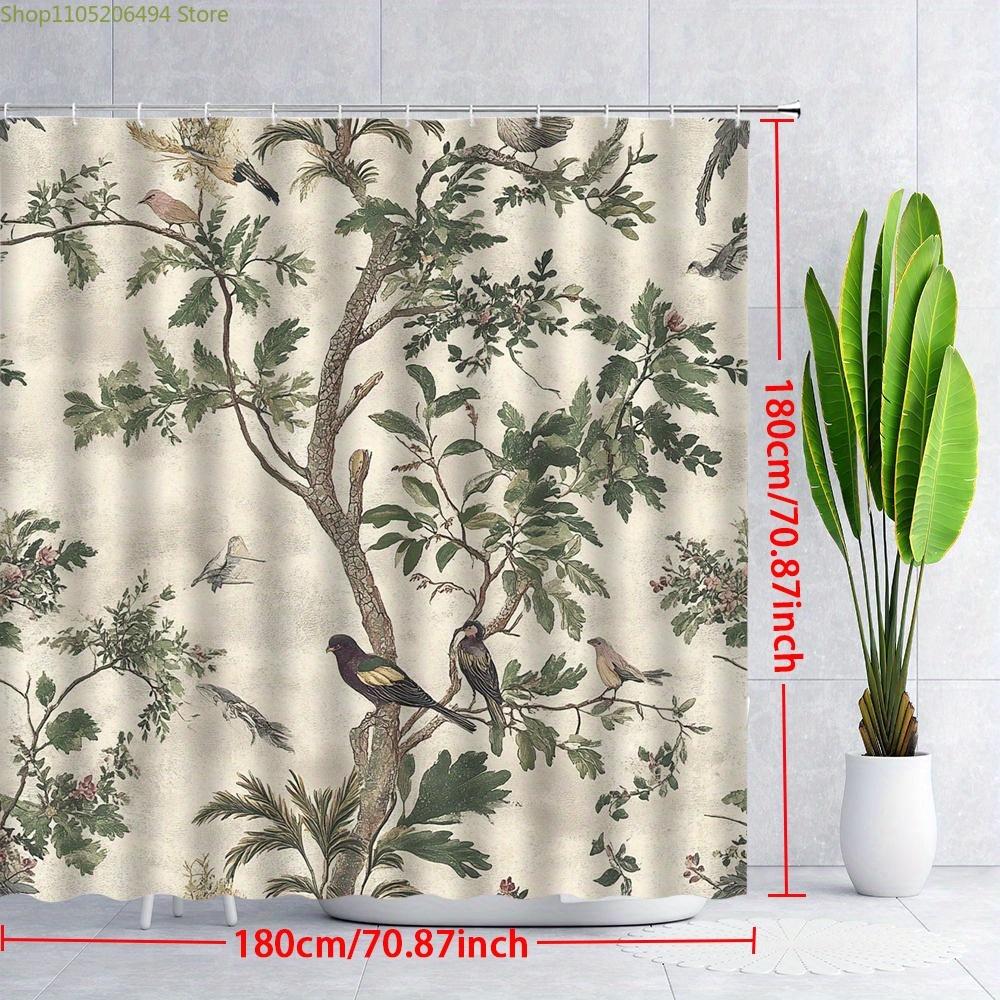 Vintage Botanical & Bird Shower Curtain - Hand-Drawn Style with Lush Green Foliage, Pink Flowers & Birds, Antique Design for B