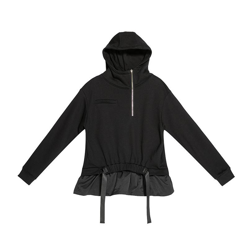 Custom Dark Style Women's Two-Piece Look Hooded Sweatshirt with Waist-Cinched Patchwork - Trendy European & American Design