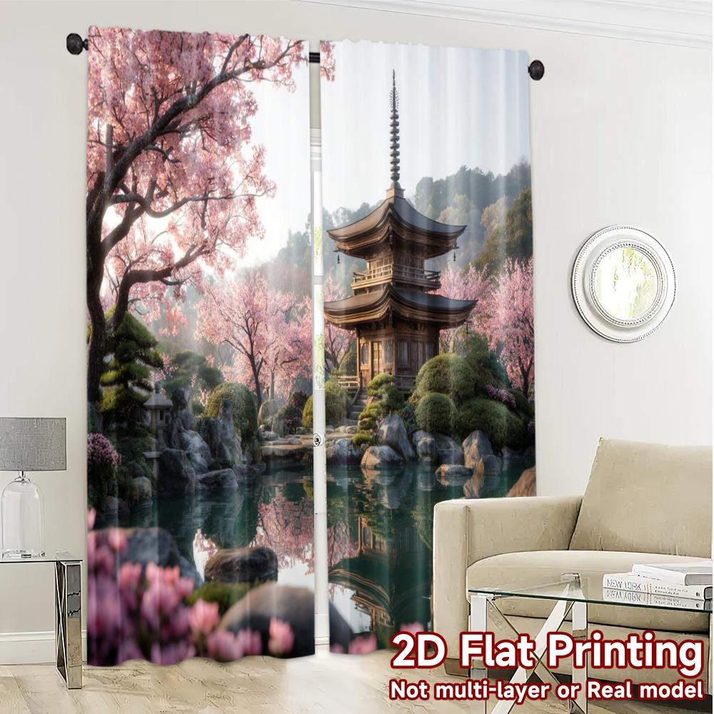 2pcs, 2D FLAT PRINTING Curtains (Without Rod) Cherry Oasis Popular Curtains&Window Treatment Durable 100% Polyester Fabric