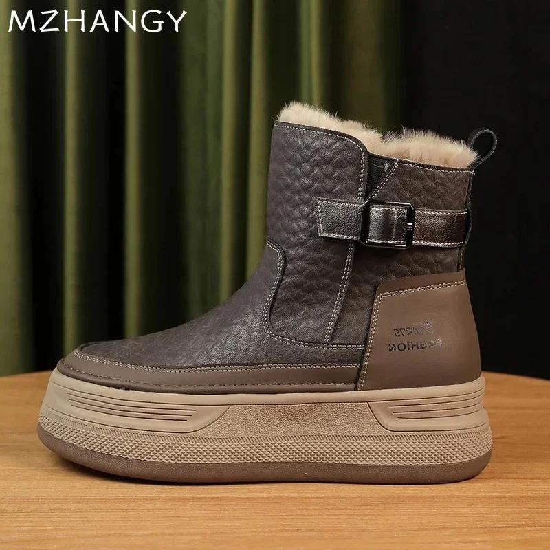 Platform Womens Snow Ankle Boots Leather Short Plush Cotton Shoes Trend Fashion Warm Cozy Women High-top Ankle Boots Botas Mujer