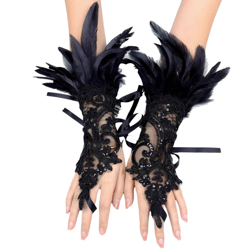 Cross-Border Halloween Feather Fingerless Gloves with Black Lace Bracelet Accessories