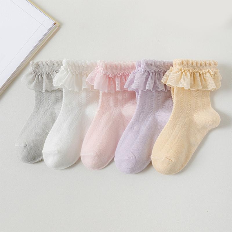 5 Paar weiche & atmungsaktive Baumwoll-Knöchelsocken für Kleinkinder, Wadenlange Socken-Set für Mädchen, mit stilvollem Rüschen-Design
