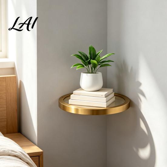 Small Collectibles Wall Mount Floating Shelf with LED Light Modern Gold Metal Display Rack Accent for Entryway Plants Book Space Saving Mounted