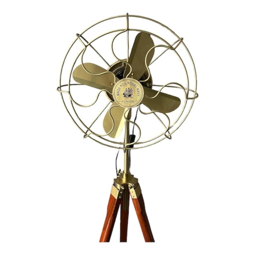 Floor Fan Nautical Brass Antique Finish with Brown Wood Tripod Pedestal Floor Fan | Retro Industrial Modern Twist with Unique Design Decor