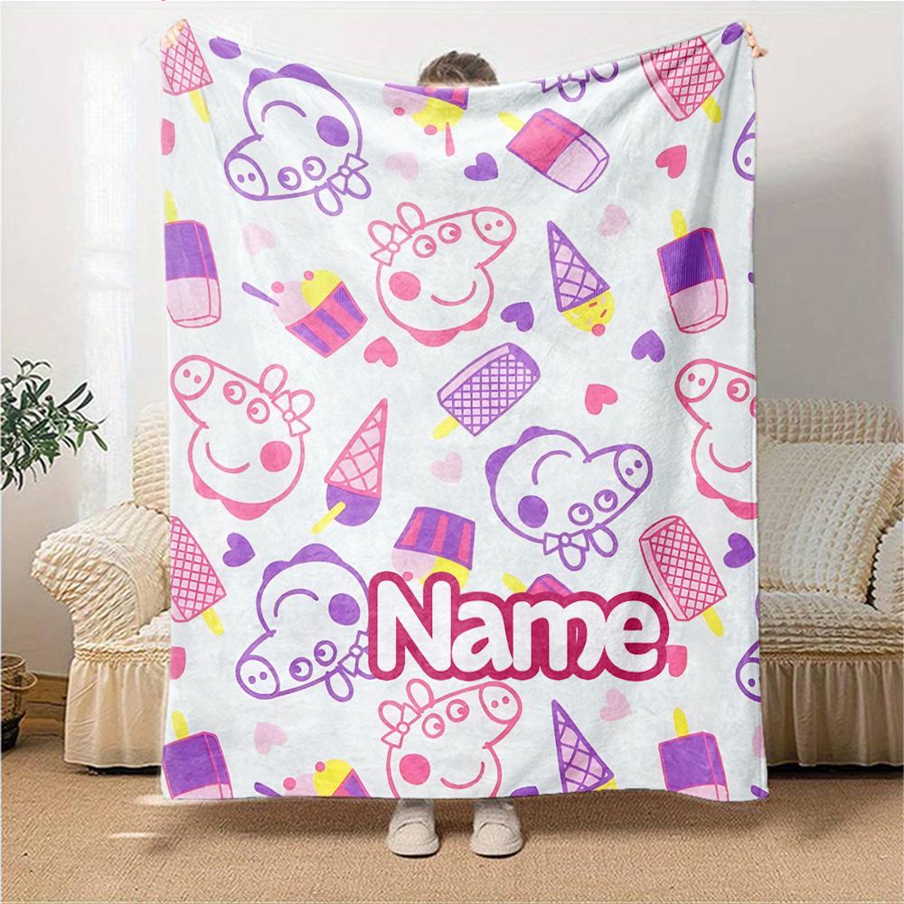 Custom Name Peppa Pig Ice Cream Party Party Blanket For Couch Bed Plush Cozy Fuzzy Blanket Super Soft Warm Blankets For Fall And Winter 0916106