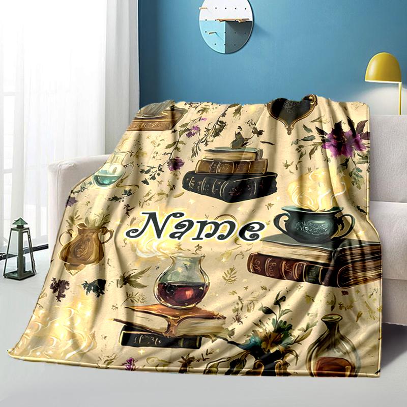 1PC Custom Name Magical Bookshelf Scene outdooor Flannel blankets Throw Blanket All-Season Throw Gift Bedspread for Couch, Bed, Camping Holiday Birthd