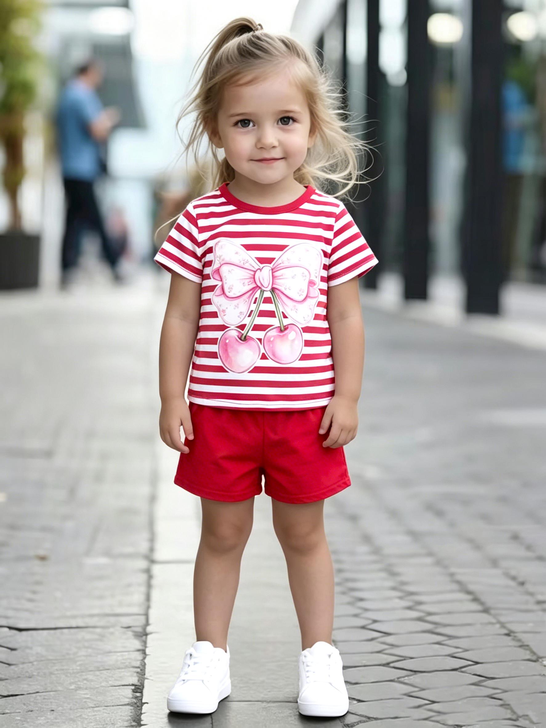 

Toddler Girls Cute Cherry & Bow Print Striped 2-Piece Outfit, Summer Red Casual Clothes for Kids, Perfect for Playwear & Outdoor 5-6Y червоний