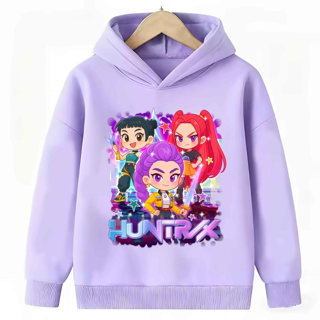 KPop Demon Hunter Cartoon Girls Boy Hooded Sweatshirt Warm Children's Purple Sweatshirt Fashion Casual Tops Girls Clothing