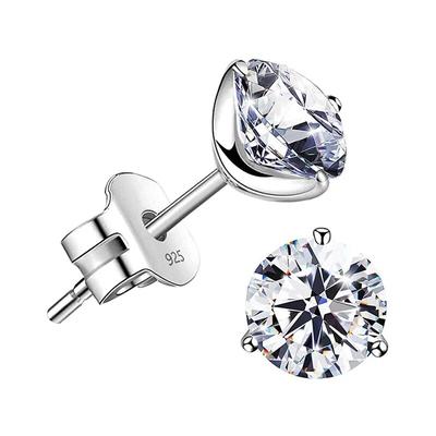 Prata esterlina 925 real 5,0 mm(0,5 ct)/6,0mm(0,8 ct) Brinco de pino de diamante simulado com 3 garras redondas, joias de noivado femininas