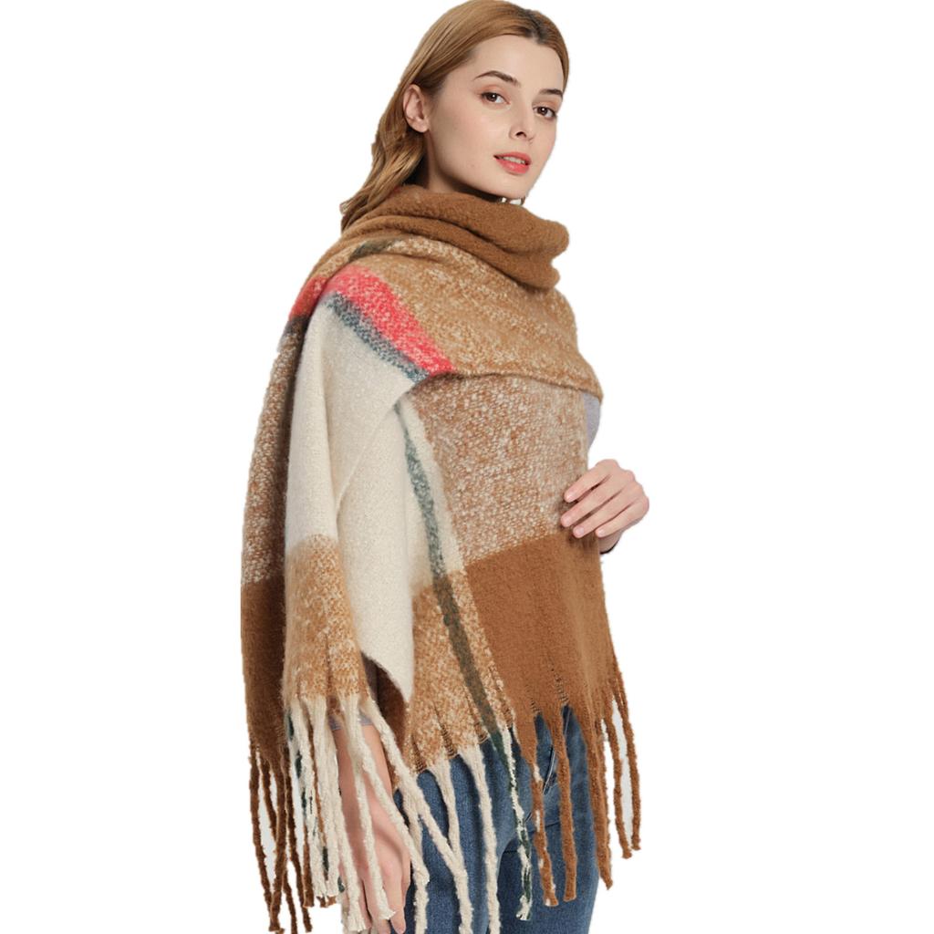 Best-selling winter new model in Europe and America, thickened loop yarn imitation mohair, color-blocked plaid scarf shawl