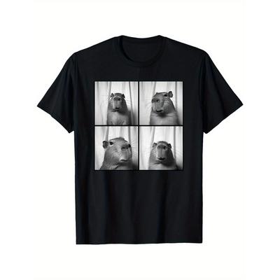 Mens Fun Capybara Photo Design Casual Crew Neck TShirt with Fun Animal Prints On All Four Sides Pure Cotton Couple TShirt